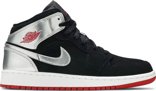 Jordan 1 Mid Black Red Silver GS